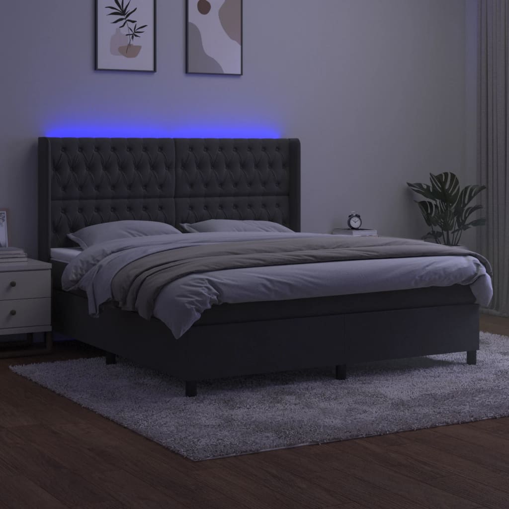 vidaXL Box Spring Bed with Mattress&LED Dark Gray Queen Velvet