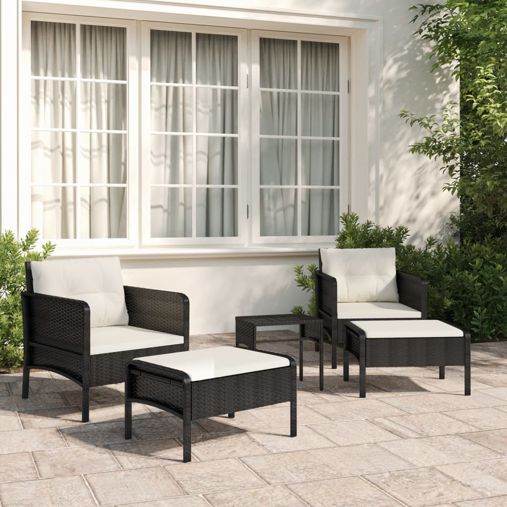 Ogrodowy zestaw wypoczynkowy polirattan, czarny, 2 krzesła, 2 stołki, stolik kawowy