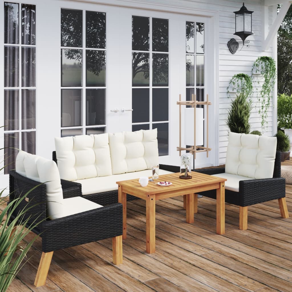 vidaXL 4-tlg. Garten-Lounge-Set mit Kissen Poly Rattan&Massivholz