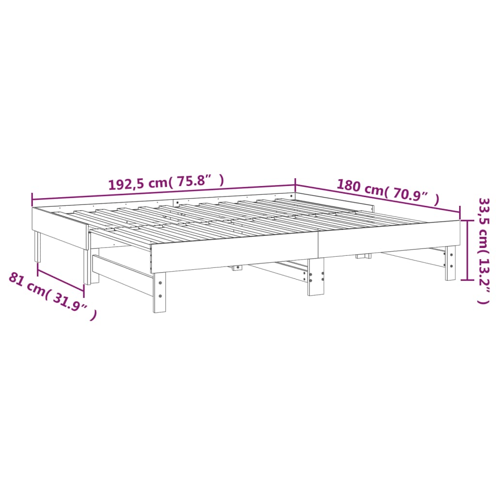 Pat de zi extensibil, alb, 2x(90x190) cm, lemn masiv de pin