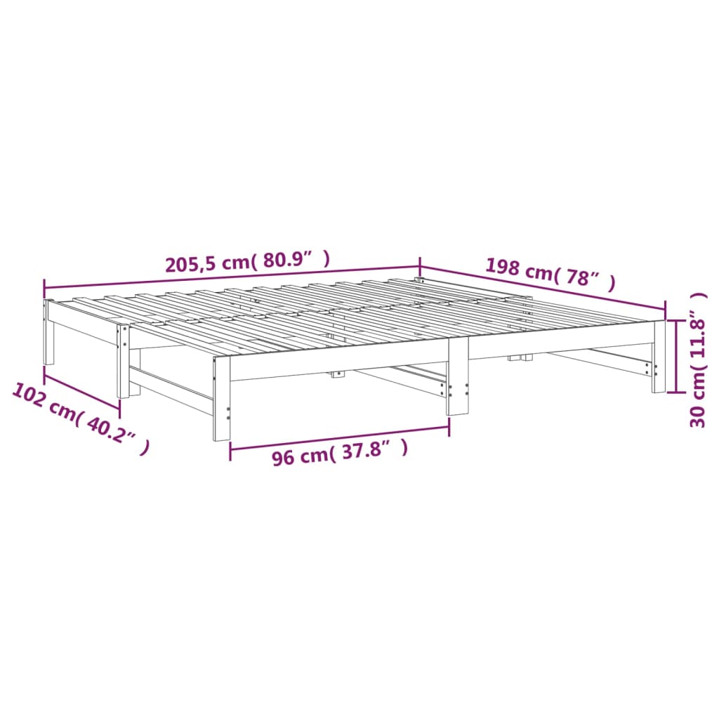 Pat de zi extensibil, alb, 2x(100x200) cm, lemn masiv de pin