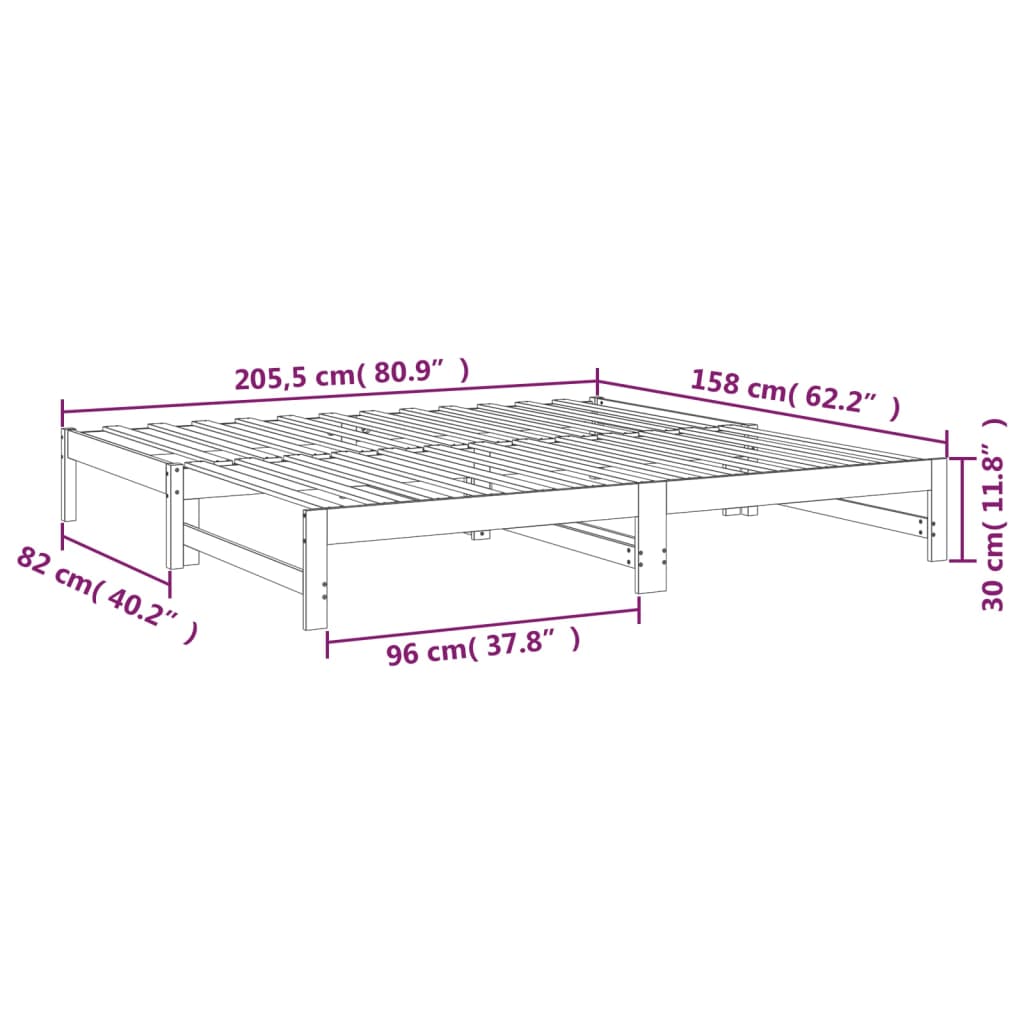 Pat de zi extensibil, negru, 2x(80x200) cm, lemn masiv de pin