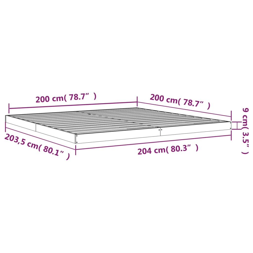 fekete tömör fenyőfa ágykeret 200 x 200 cm