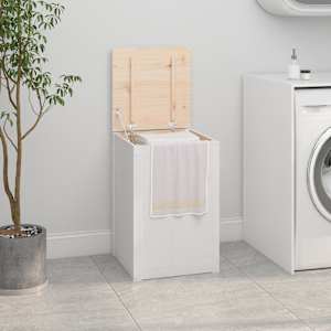 Zaboj za perilo bel 44x44x76 cm trdna borovina