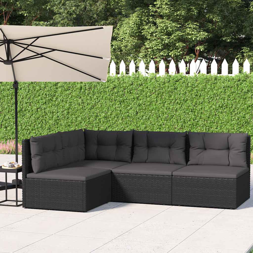 Salon de jardin 4 pcs avec coussins Noir Résine tressée