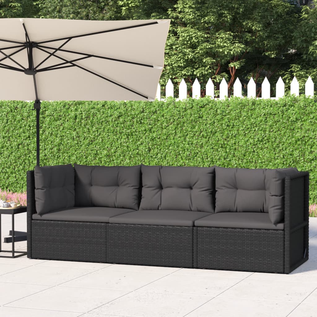 vidaXL 3-tlg. Garten-Lounge-Set mit Kissen Schwarz Poly Rattan