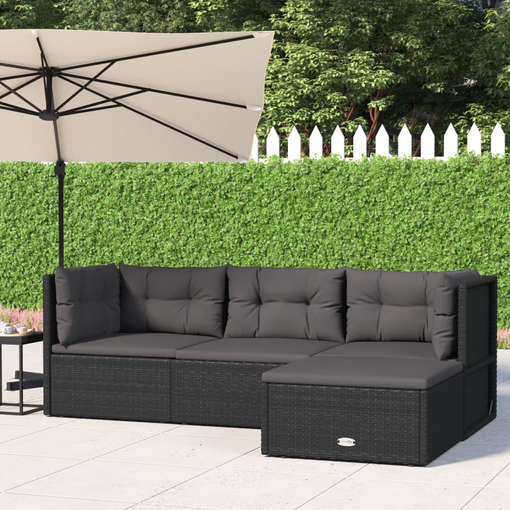 Salon de jardin 4 pcs avec coussins Noir Résine tressée