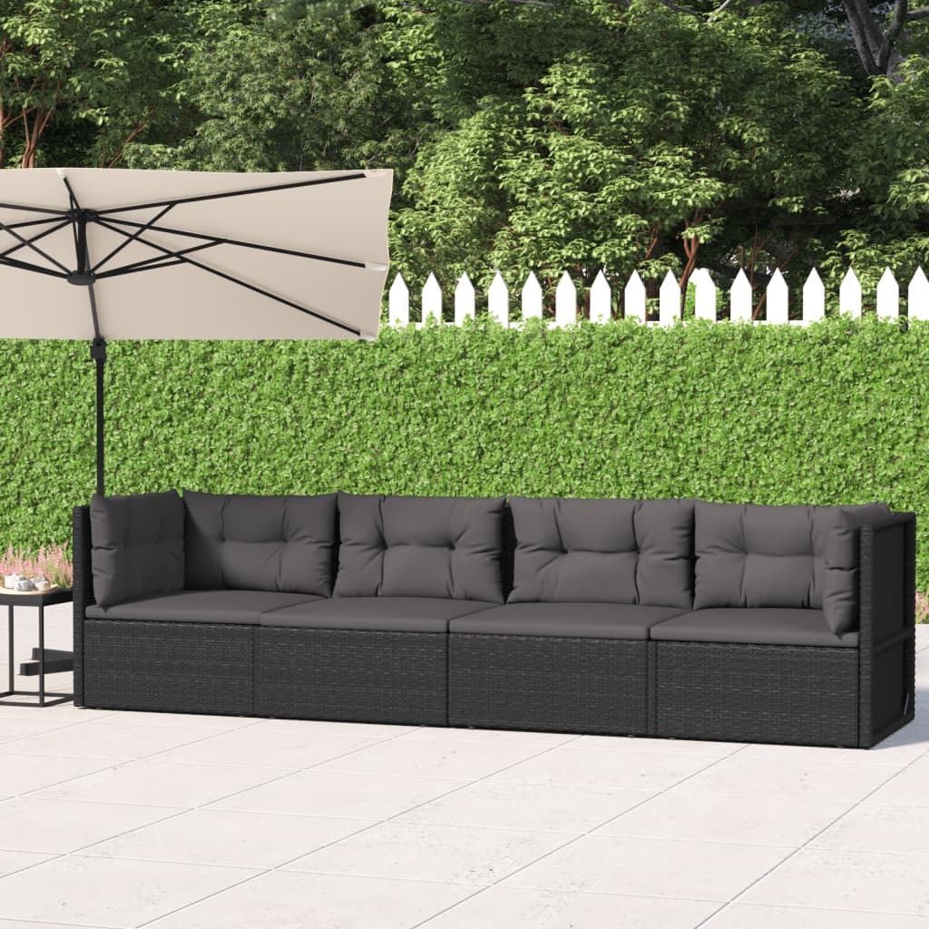 vidaXL 4-tlg. Garten-Lounge-Set mit Kissen Schwarz Poly Rattan