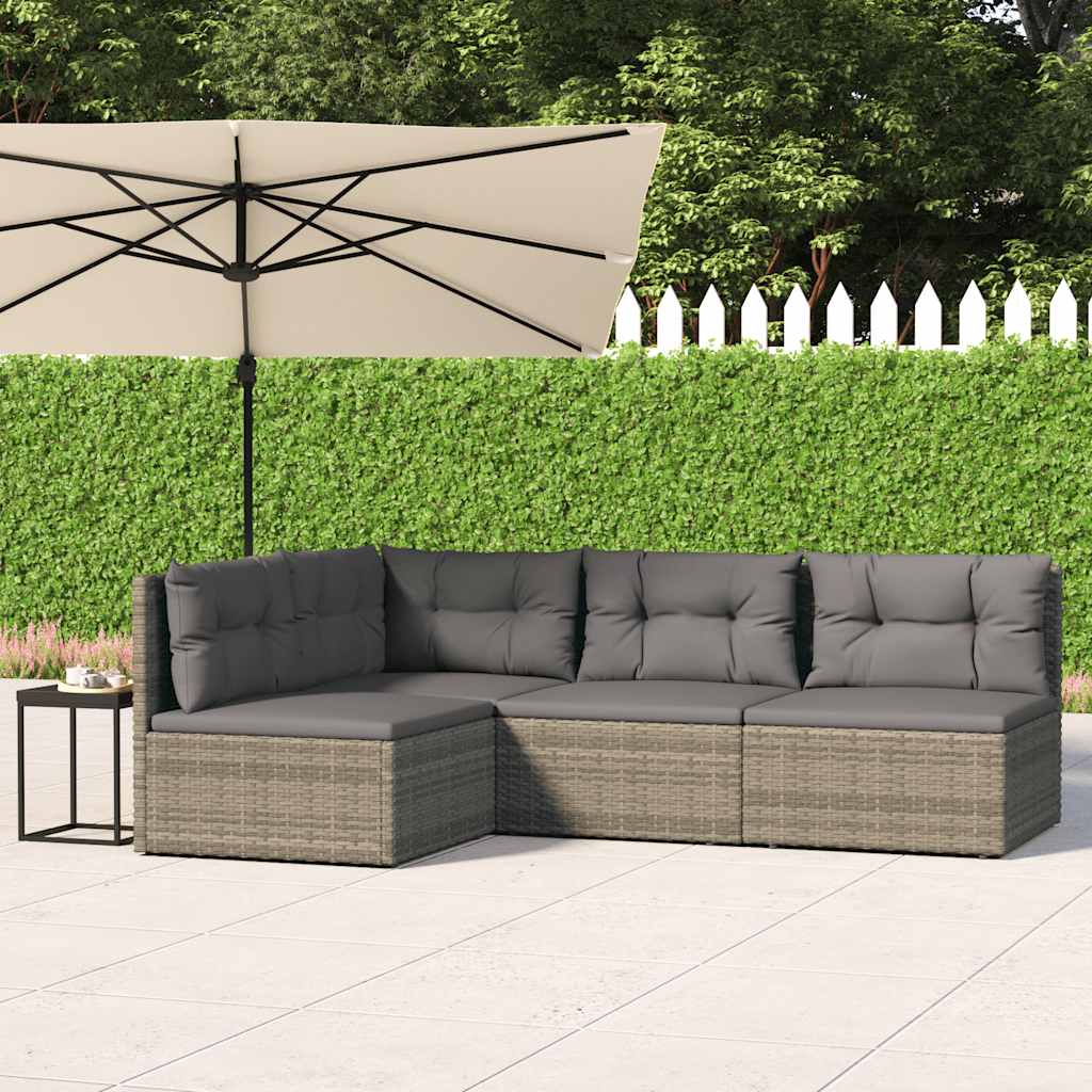 Salon de jardin 4 pcs avec coussins Gris Résine tressée