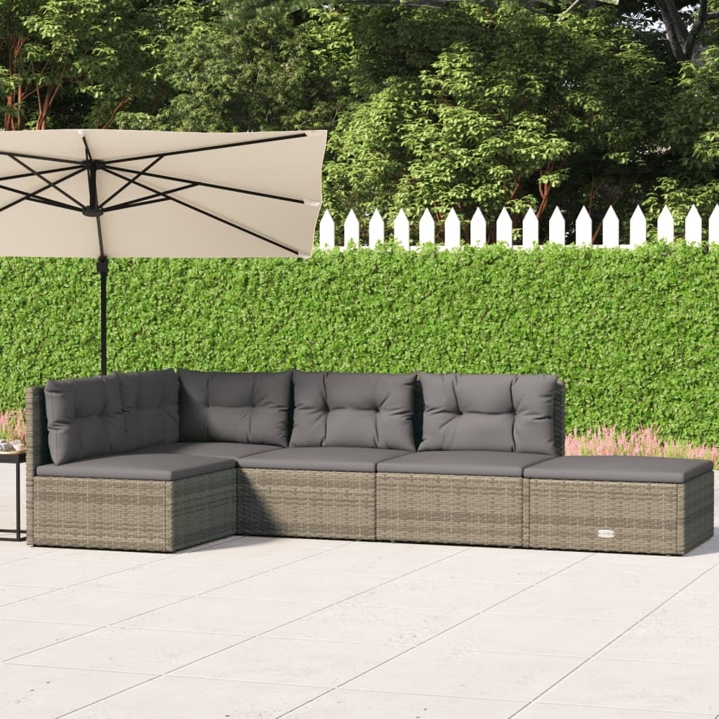 vidaXL 5-tlg. Garten-Lounge-Set mit Kissen Grau Poly Rattan