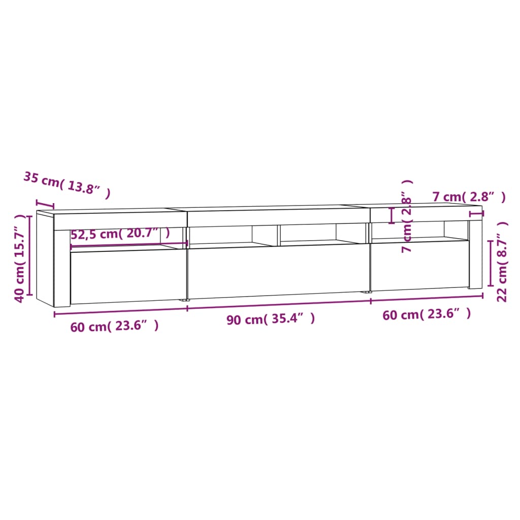 TV ormarić s LED svjetlima bijeli 210x35x40 cm