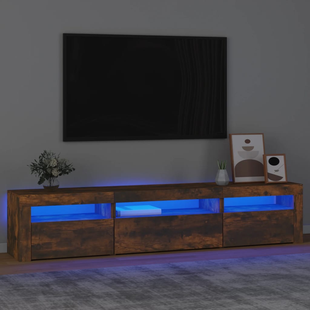 vidaXL Comodă TV cu lumini LED, stejar fumuriu, 195x35x40 cm