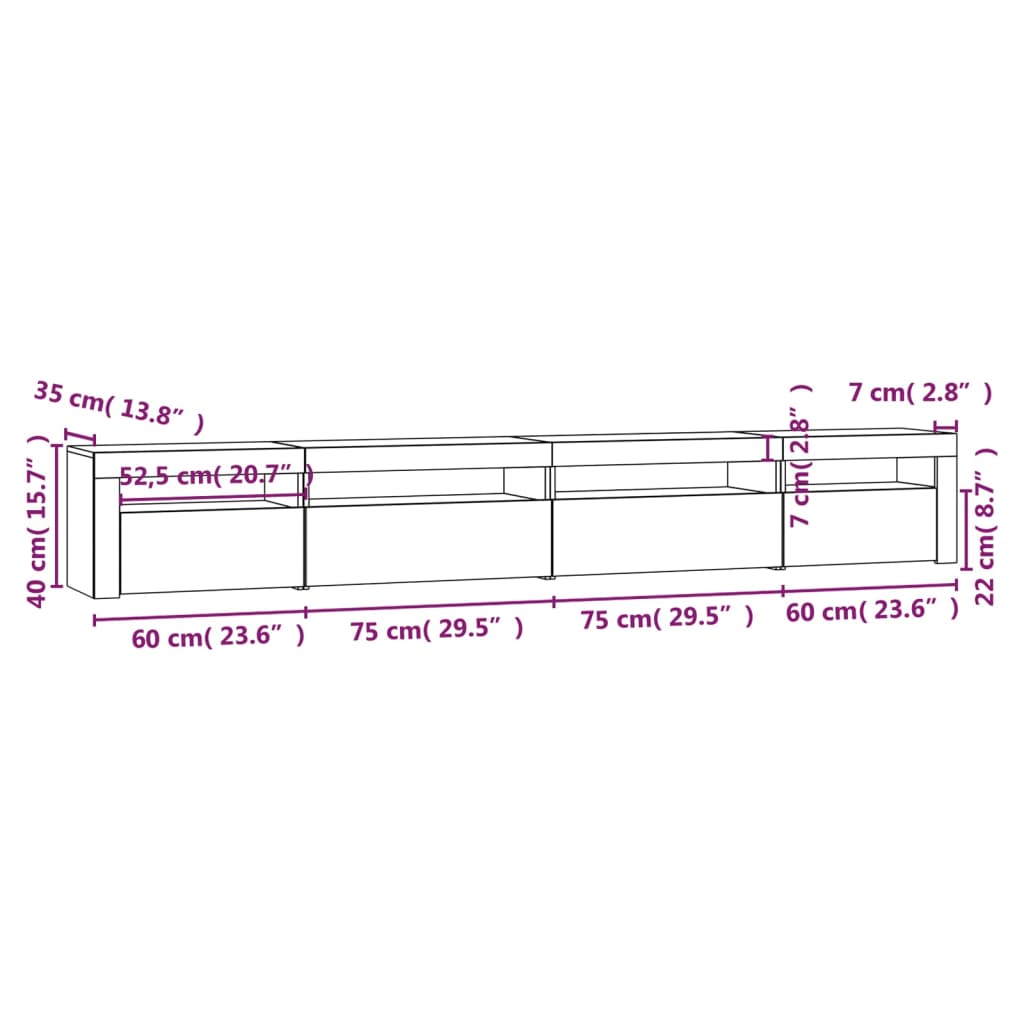 Comodă TV cu lumini LED, alb extralucios, 270x35x40 cm