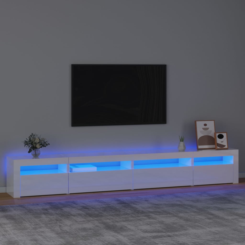 vidaXL Comodă TV cu lumini LED, alb extralucios, 270x35x40 cm