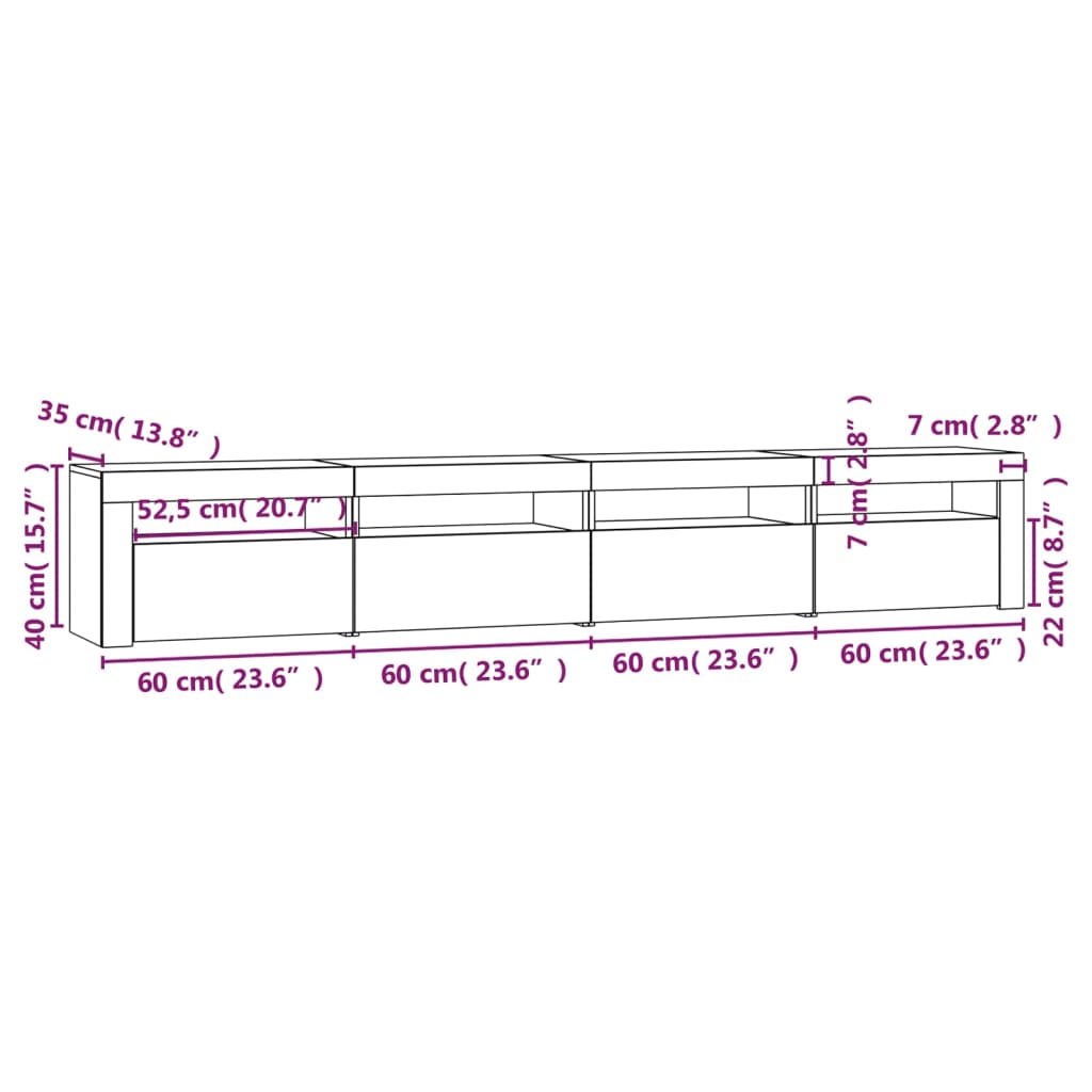 Comodă TV cu lumini LED, alb extralucios, 240x35x40cm