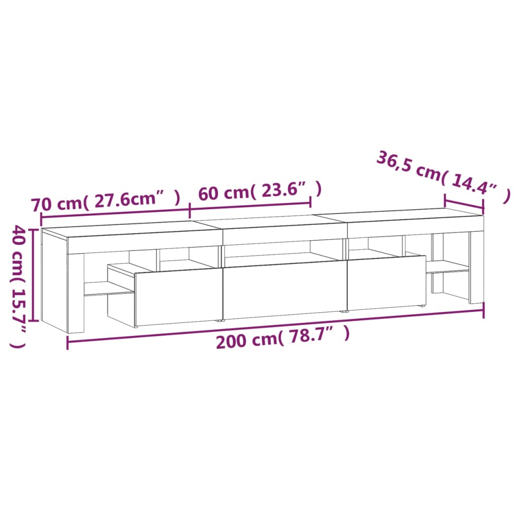 Comodă TV cu lumini LED, negru, 200×36,5×40 cm