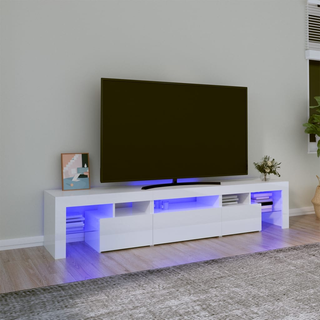 vidaXL Comodă TV cu lumini LED, alb extralucios, 200x36,5x40 cm