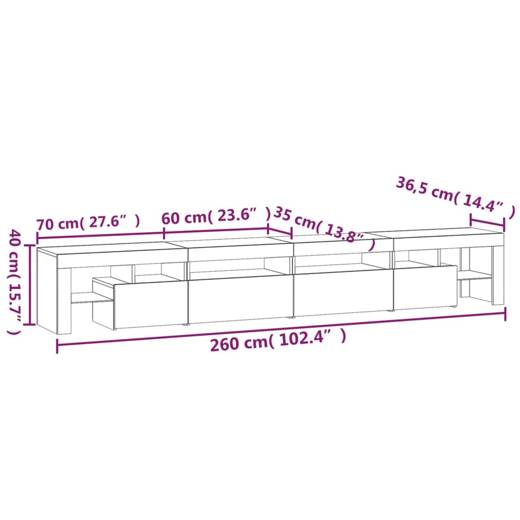 TV skříňka s LED osvětlením bílá 260x36,5x40 cm