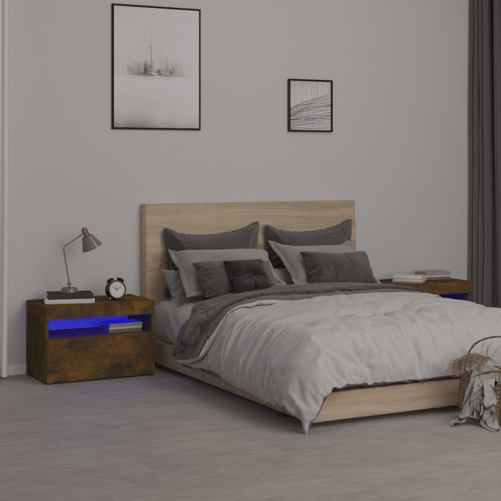 vidaXL Noptiere cu lumini LED, 2 buc., stejar fumuriu, 60x35x40 cm
