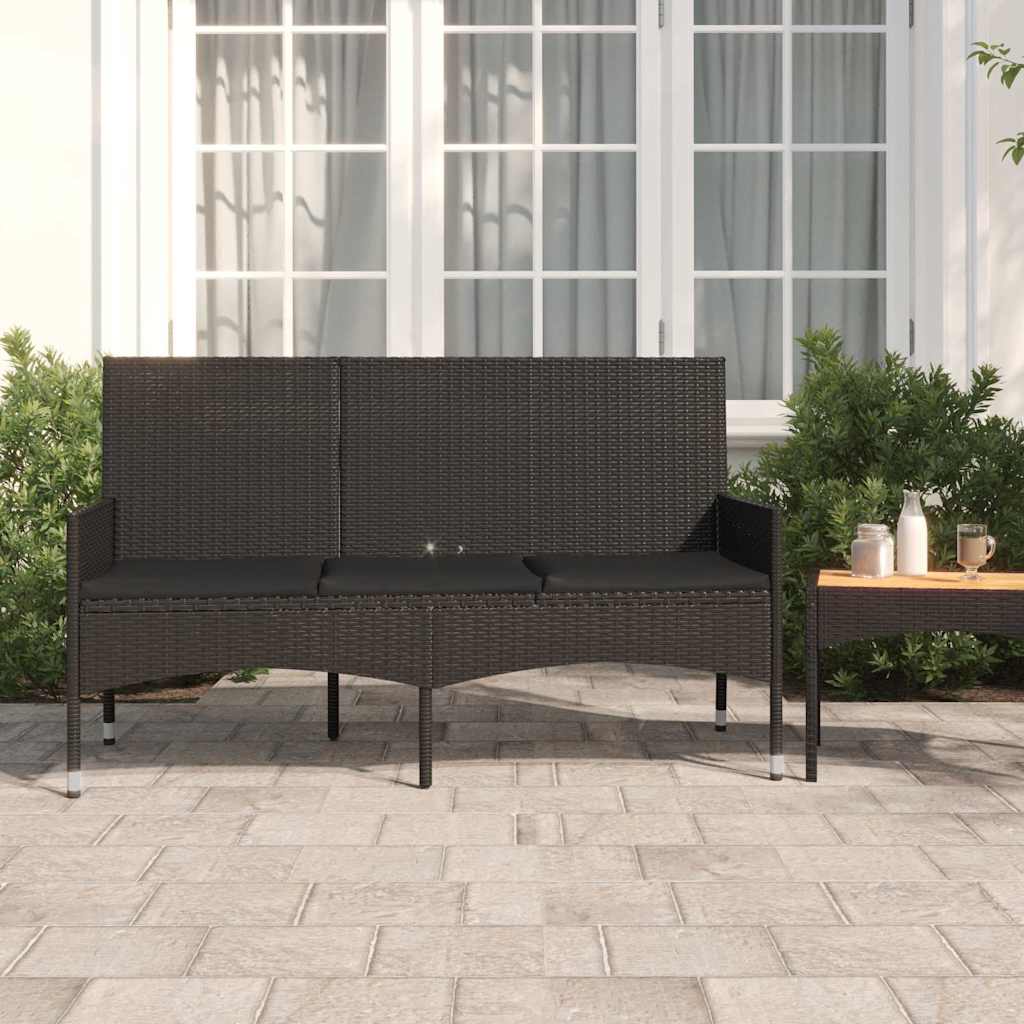 vida XL Gartenbank 3-Sitzer mit Kissen Schwarz Poly Rattan
