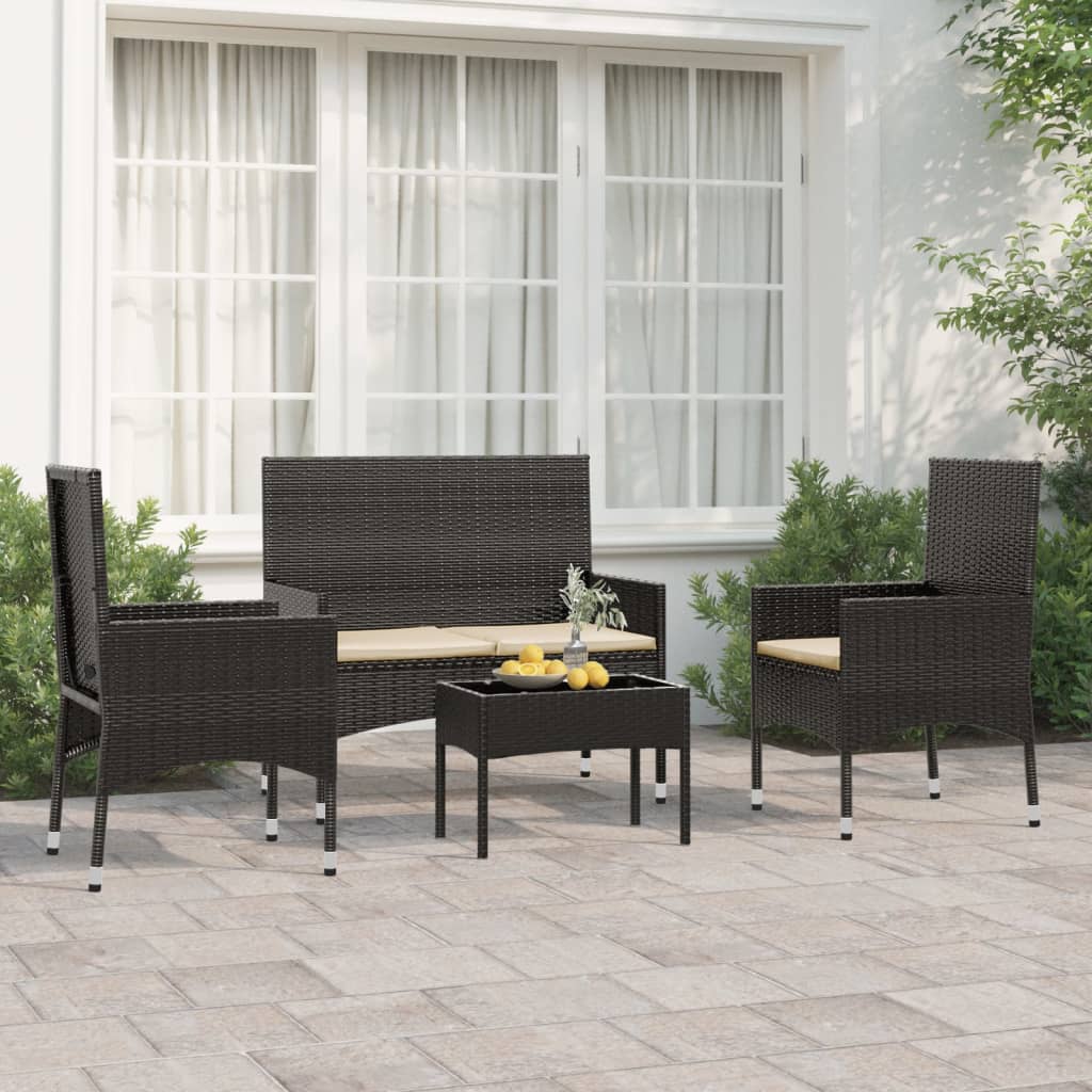 Zestaw wypoczynkowy ogrodowy, polirattan, czarny, 2 krzesła, ławka 2-osobowa, stolik kawowy, 4 poduszki