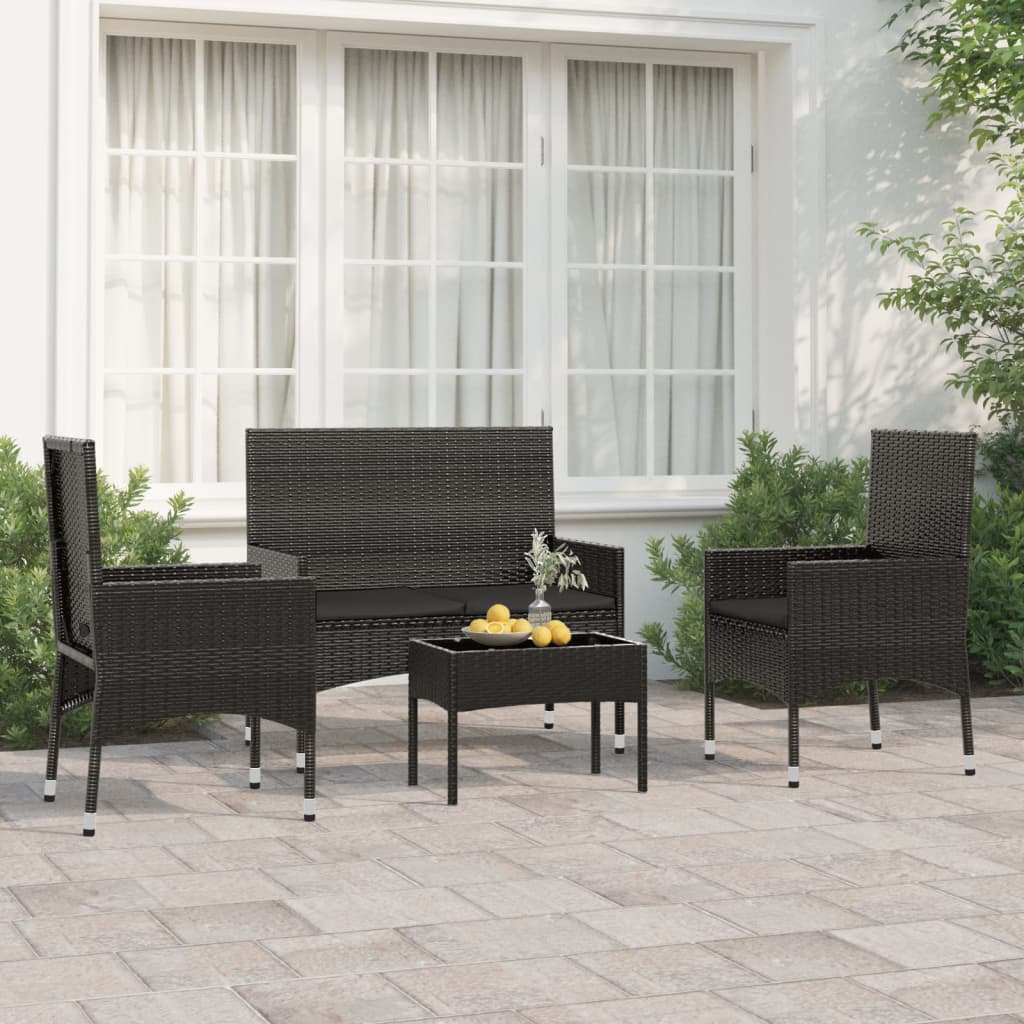 4-tlg. Garten-Lounge-Set mit Kissen Schwarz Poly Rattan