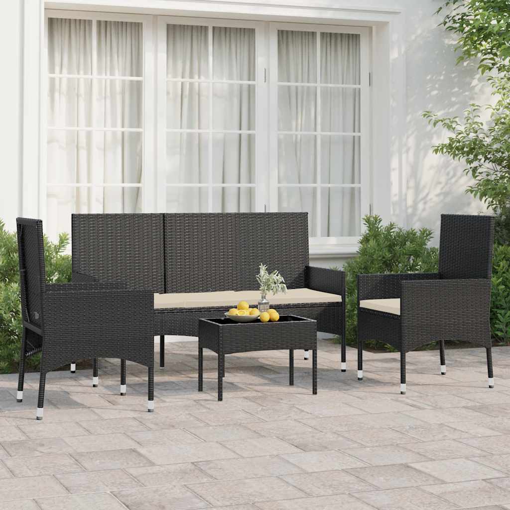 vidaXL 4-tlg. Garten-Lounge-Set mit Kissen Schwarz Poly Rattan