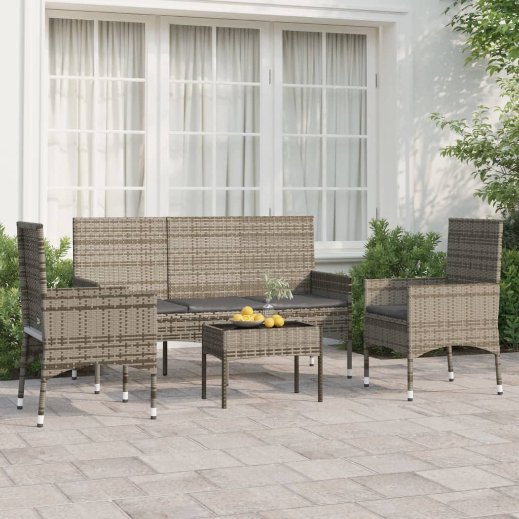 4-tlg. Garten-Lounge-Set mit Kissen Grau Poly Rattan