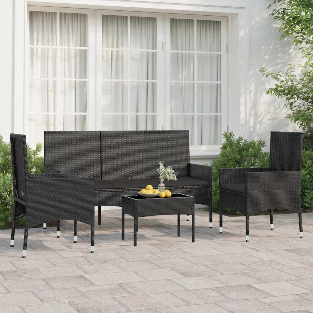 vidaXL 4-tlg. Garten-Lounge-Set mit Kissen Schwarz Poly Rattan