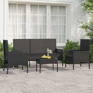 Vrtna sedežna garnitura 4-delna z blazinami črn poli ratan