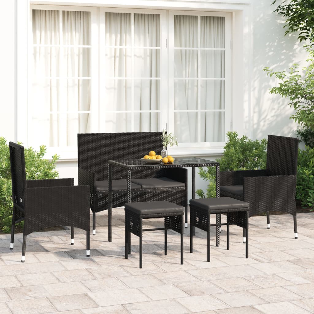 6-tlg. Garten-Lounge-Set mit Kissen Schwarz Poly Rattan