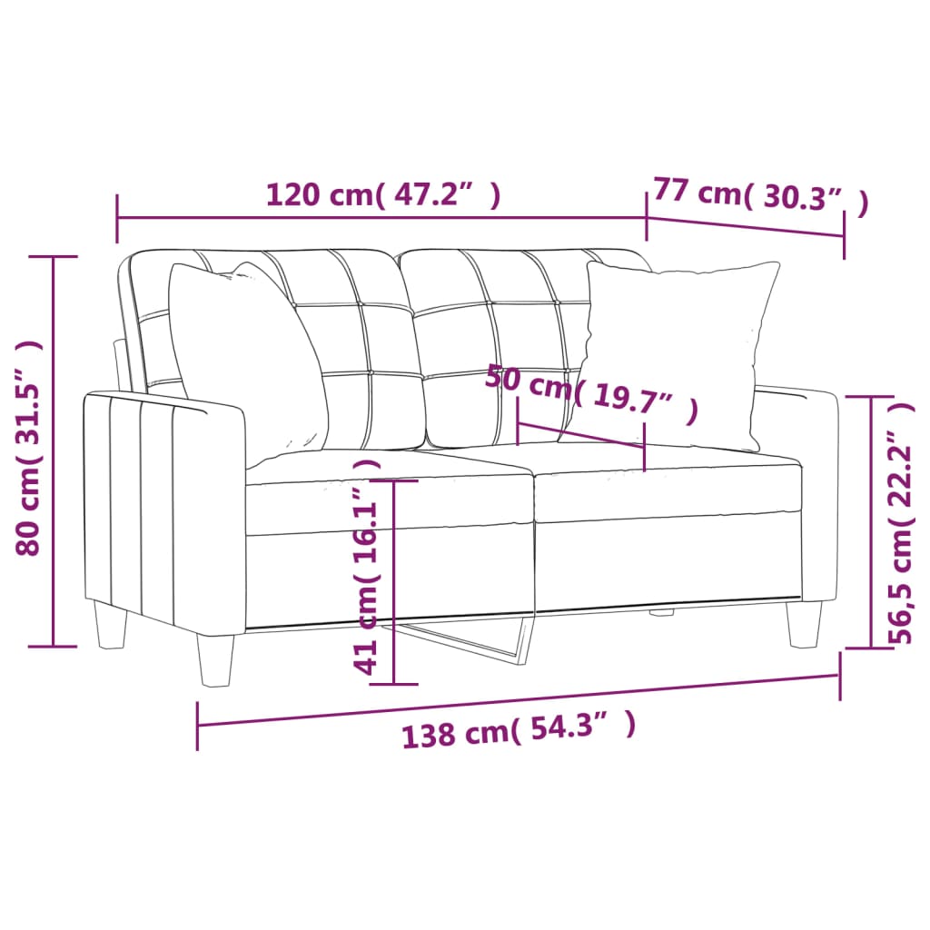 Canapea cu 2 locuri, perne&pernuțe cappuccino 120 cm piele eco