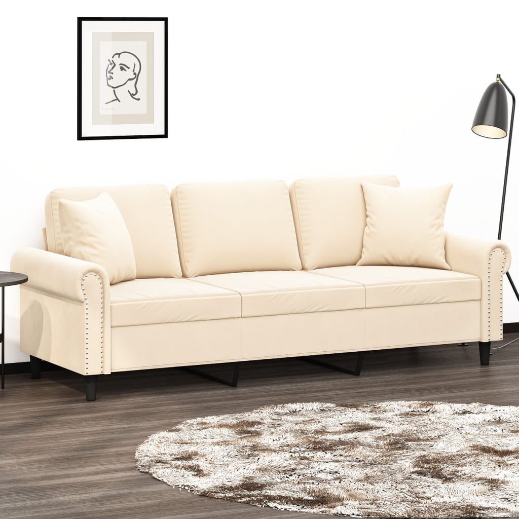 vidaXL Sofá 3 lugares c/ almofadas/almofadões 180 cm veludo creme