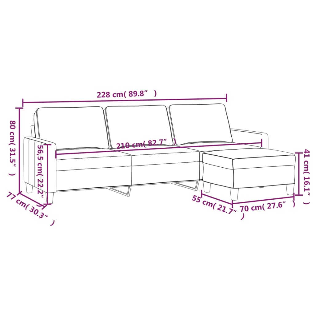 Canapea cu 3 locuri și taburet, taupe, 210 cm, textil