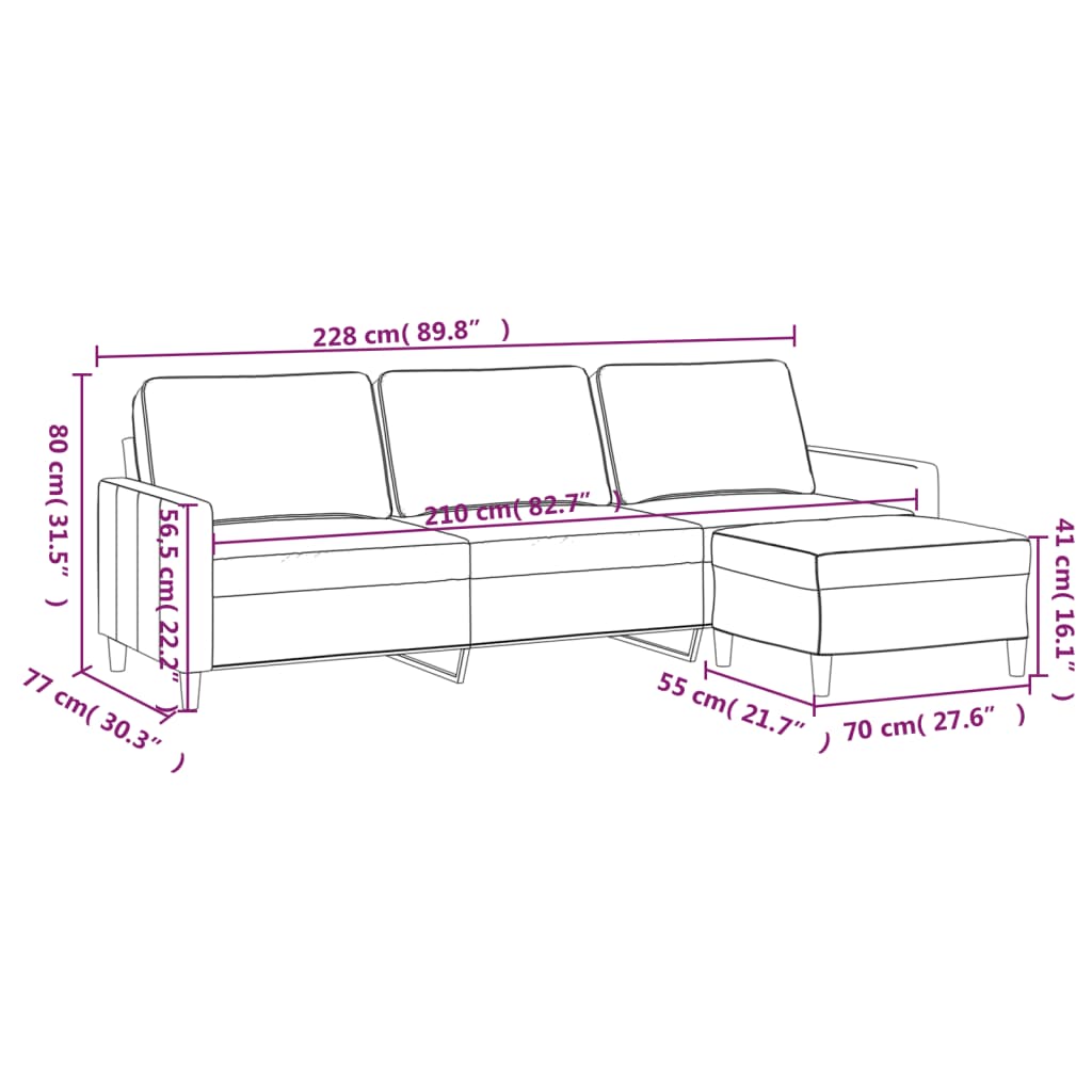 Canapea cu 3 locuri și taburet, gri deschis, 210 cm, catifea