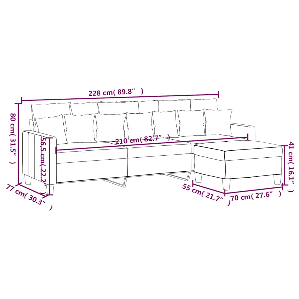 Canapea cu 3 locuri și taburet, gri deschis, 210 cm, textil