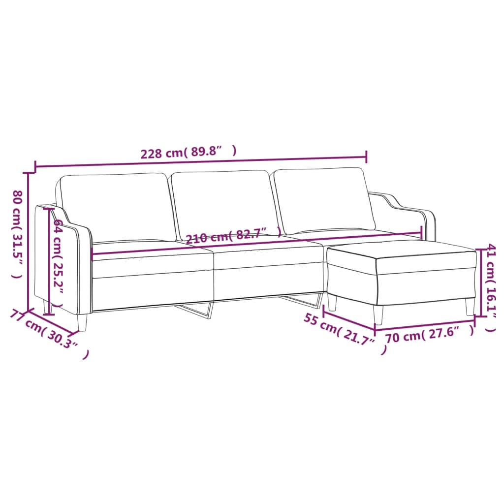 Canapea cu 3 locuri și taburet, maro, 210 cm, textil