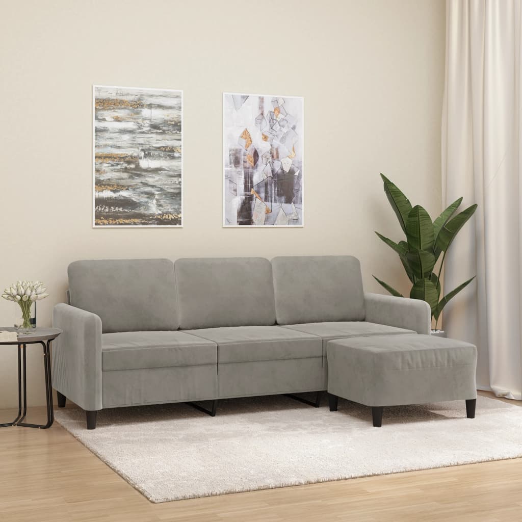 trīsvietīgs dīvāns ar kājsoliņu, 180 cm, gaiši pelēks samts | Stepinfit.lv