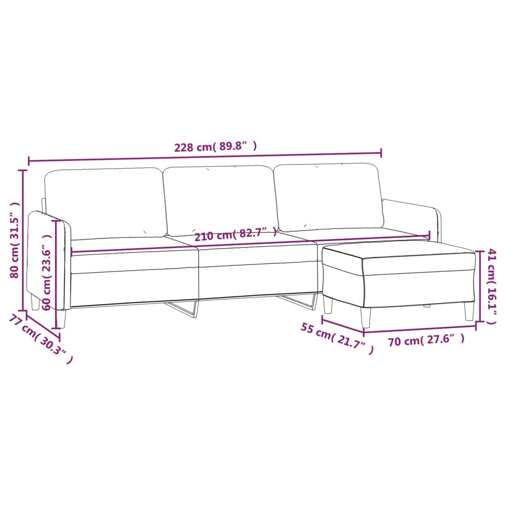 3-Sitzer-Sofa mit Hocker Braun 210 cm Samt | Stepinfit.de