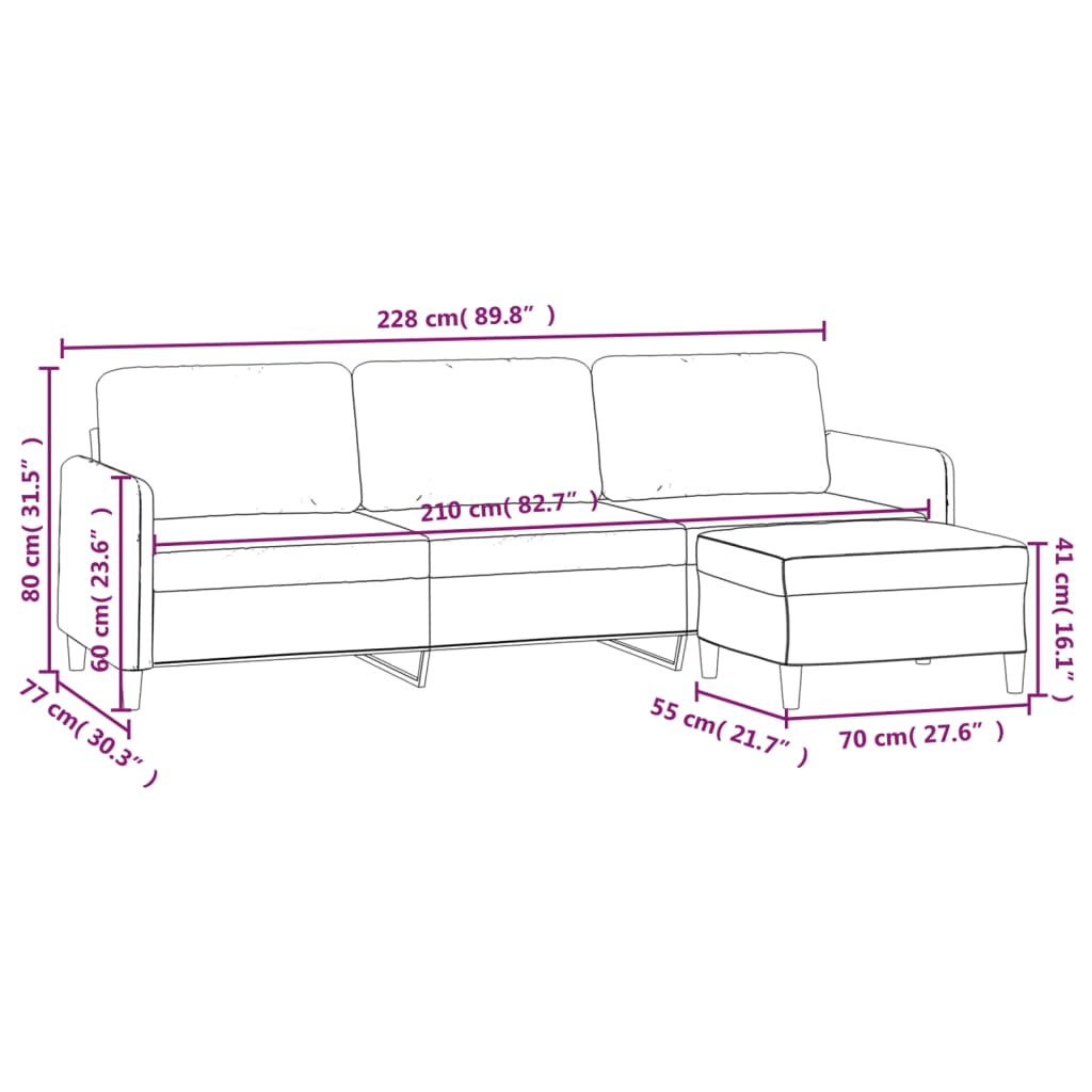 Canapea cu 3 locuri și taburet, taupe, 210 cm, textil