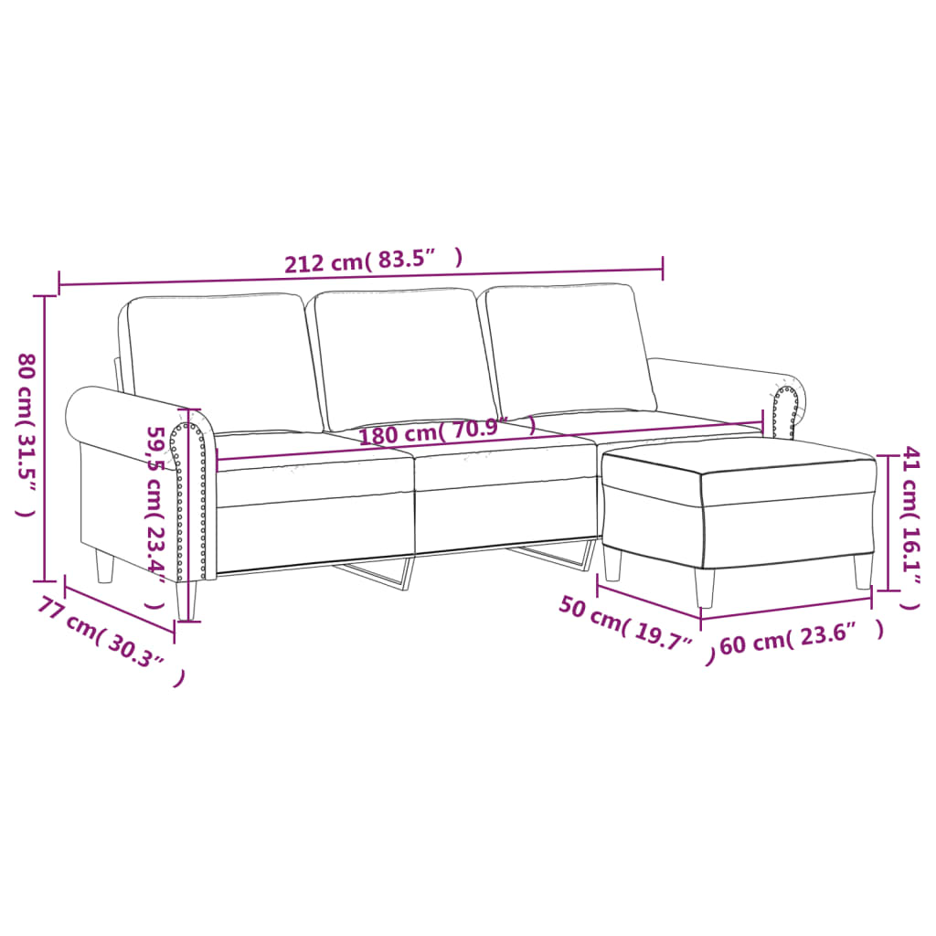 trīsvietīgs dīvāns ar kājsoliņu, 180 cm, melna mākslīgā āda | Stepinfit.lv