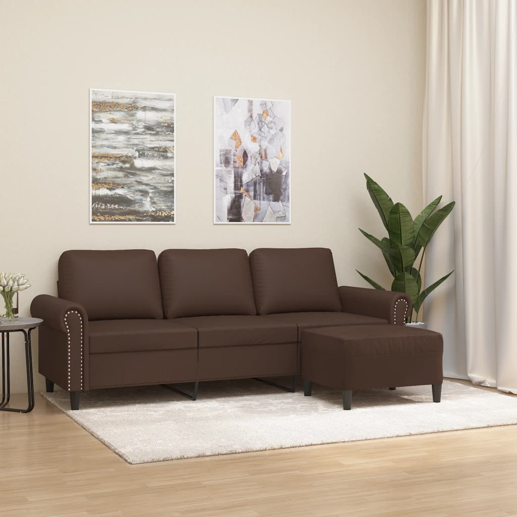 trīsvietīgs dīvāns ar kājsoliņu, 180 cm, brūna mākslīgā āda | Stepinfit.lv