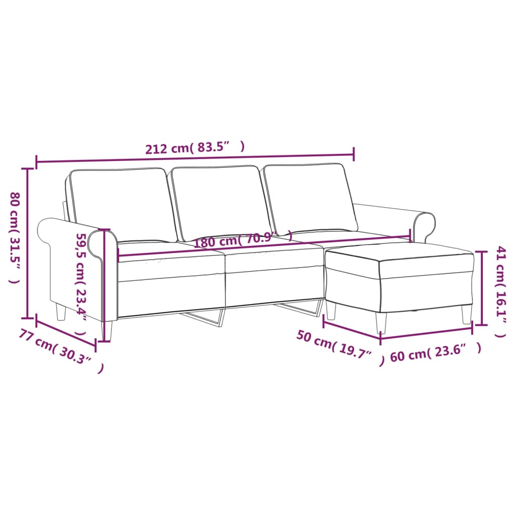 Canapea cu 3 locuri și taburet, galben deschis, 180 cm, textil