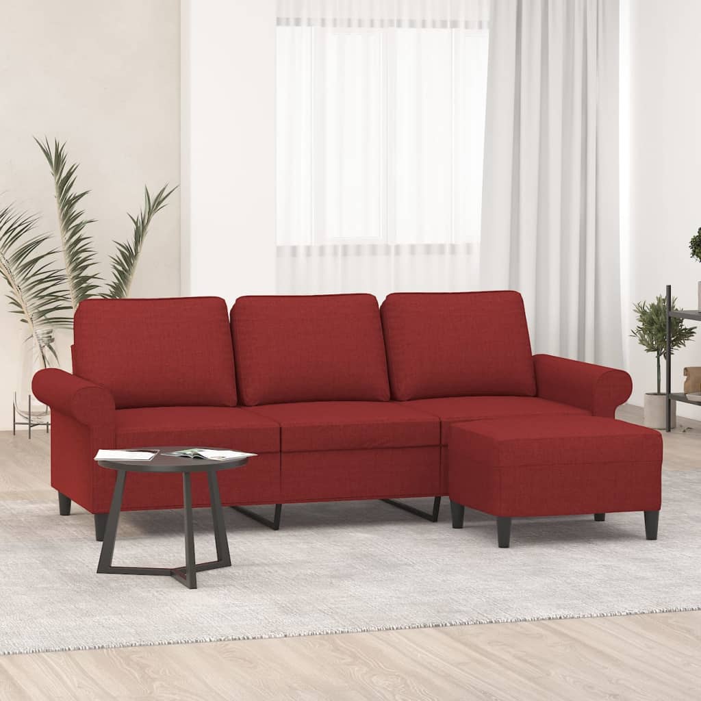 vidaXL Sofá de 3 lugares com apoio de pés 180 cm tecido vermelho tinto