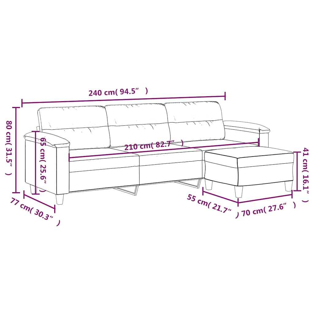 Canapea cu 3 locuri și taburet, gri închis, 210 cm, microfibră