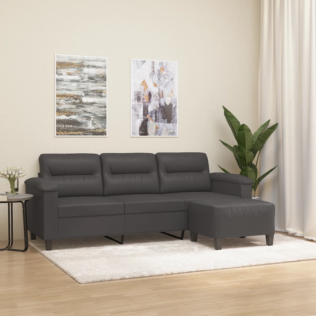 trīsvietīgs dīvāns ar kājsoliņu, 180 cm, pelēka mākslīgā āda | Stepinfit.lv