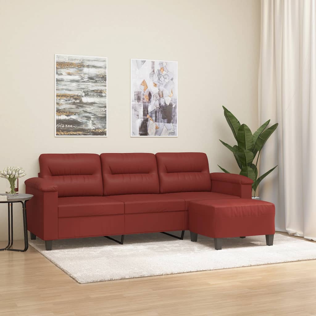 trīsvietīgs dīvāns ar kājsoliņu, 180cm, vīnsarkana mākslīgā āda | Stepinfit.lv