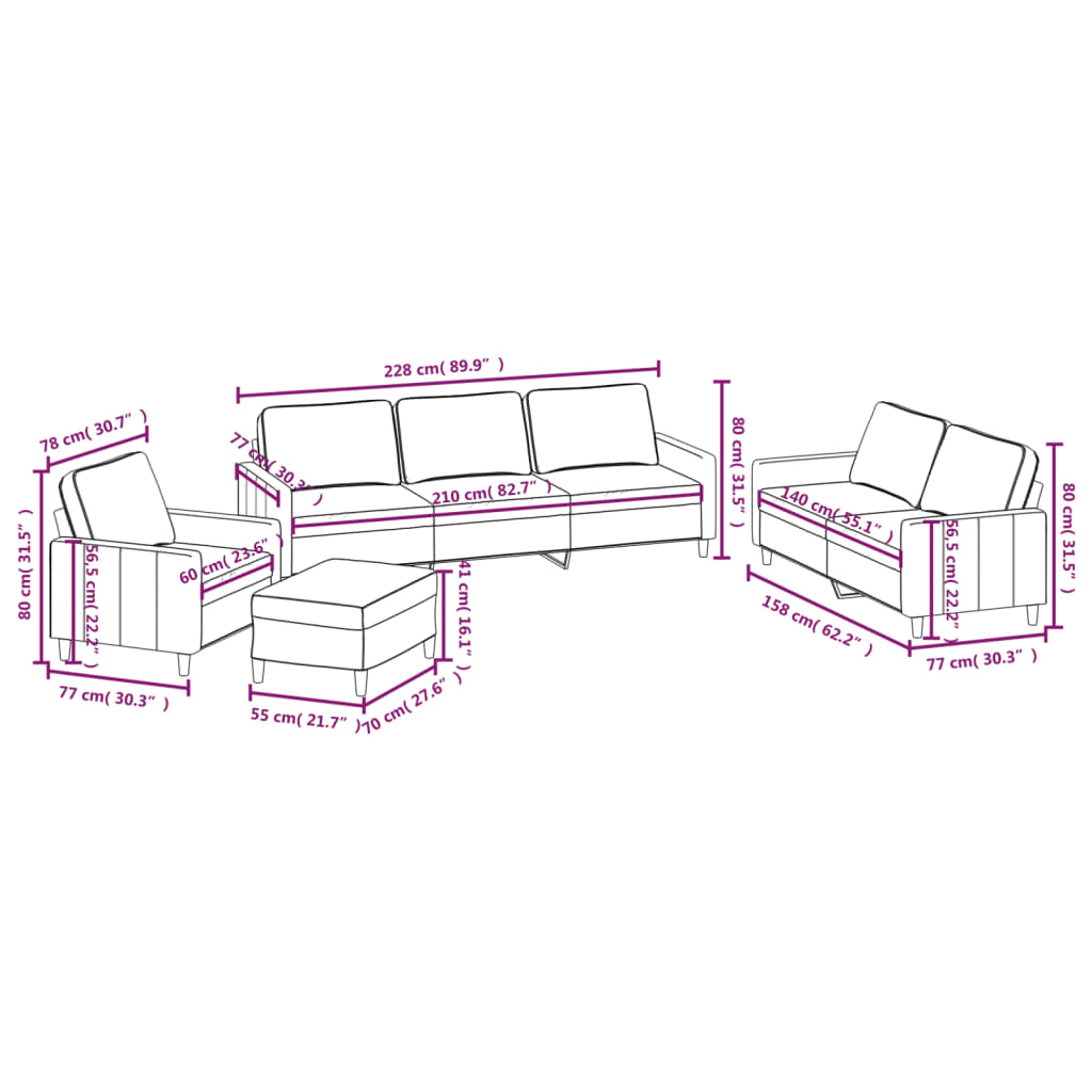 Set de canapele cu perne, 4 piese, gri închis, catifea