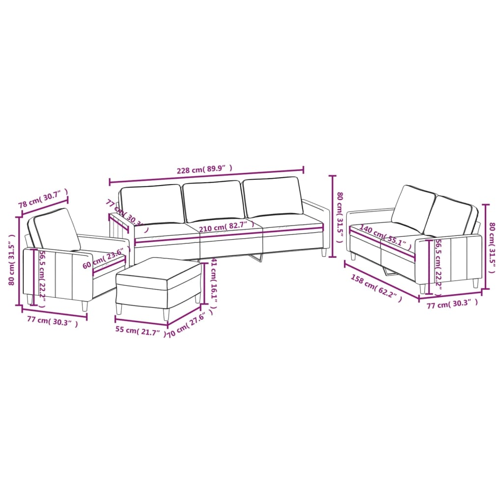 Set de canapele cu perne, 4 piese, maro, catifea