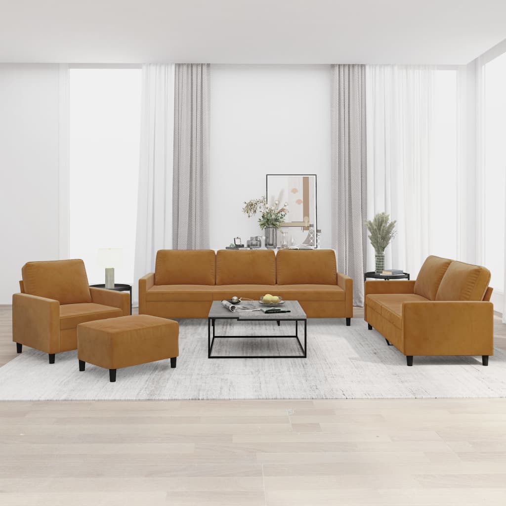 Set de canapele cu perne, 4 piese, maro, catifea